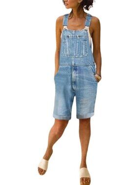 Women's Light Blue Adjustable Strap Cuffed Hem Denim Bib Overalls Short Romper